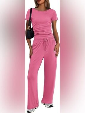 Ekouaer 2-piece Loungewear Set with Drawstring Wide-Leg Lounge Pants and Top